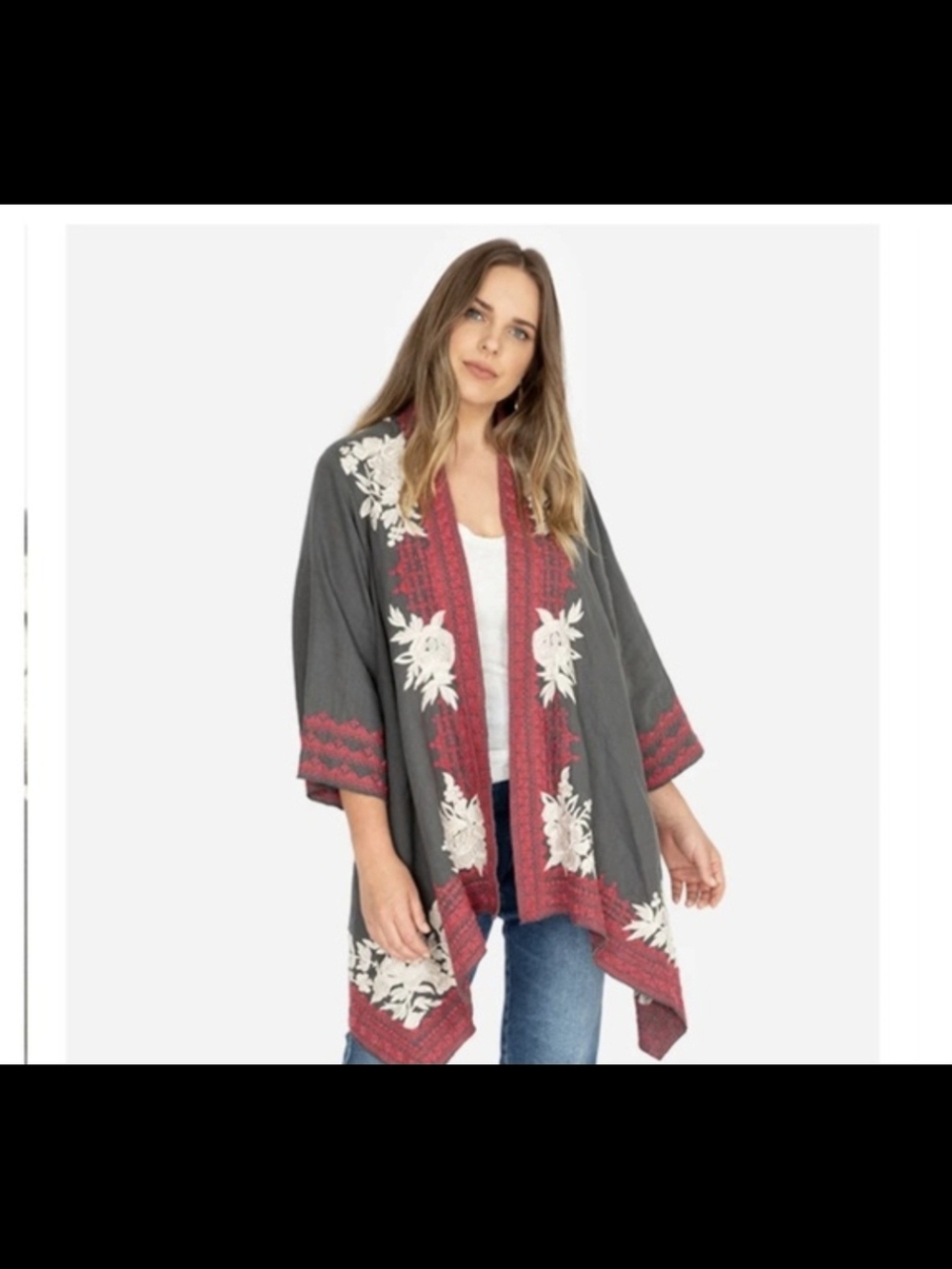 Johnny Was Gray & Burgundy Embroidered Open-Front Kimono